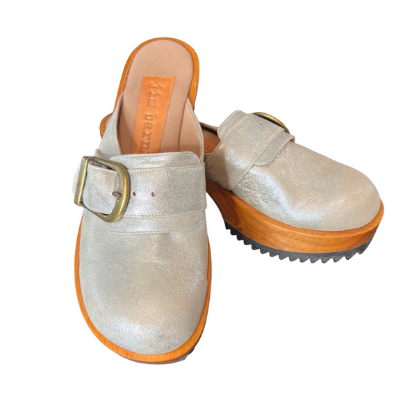 Jim Barnier Women's Wooden Heel Clog Silver Size 11 Platform Sandals Leather New - Picture 2 of 11